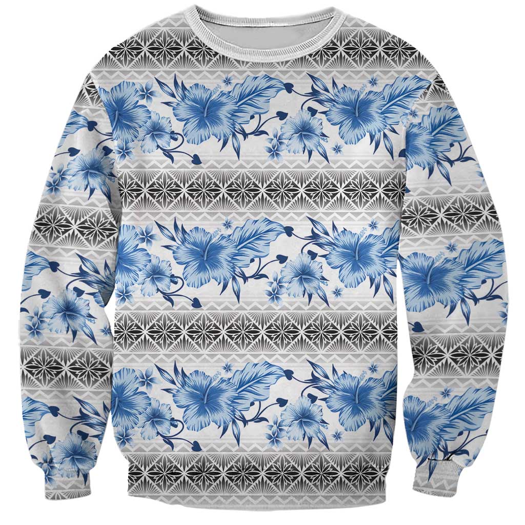 Samoa White Sunday Sweatshirt Samoan Tapa Blue Hibiscus - Polynesian Pride