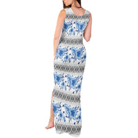 Samoa White Sunday Tank Maxi Dress Samoan Tapa Blue Hibiscus - Polynesian Pride