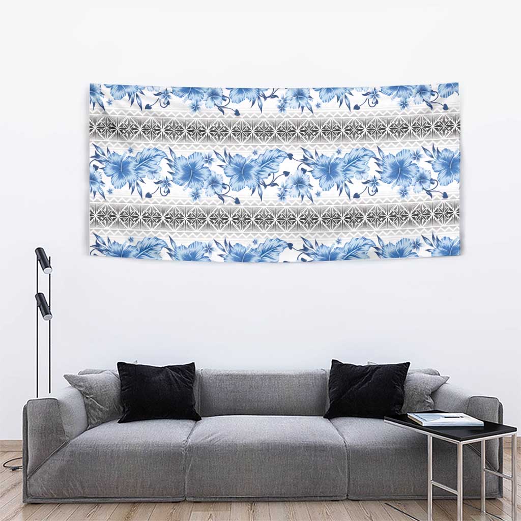 Samoa White Sunday Tapestry Samoan Tapa Blue Hibiscus - Polynesian Pride