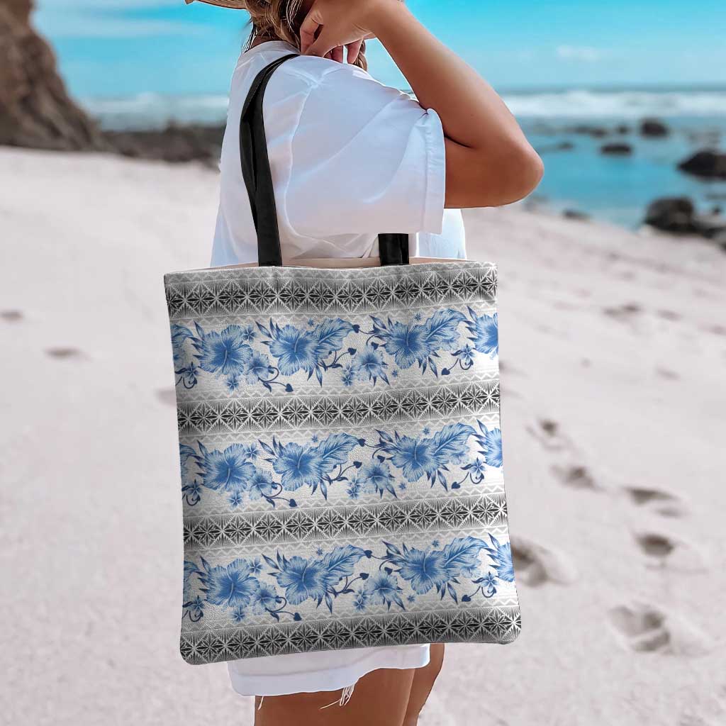Samoa White Sunday Tote Bag Samoan Tapa Blue Hibiscus - Polynesian Pride