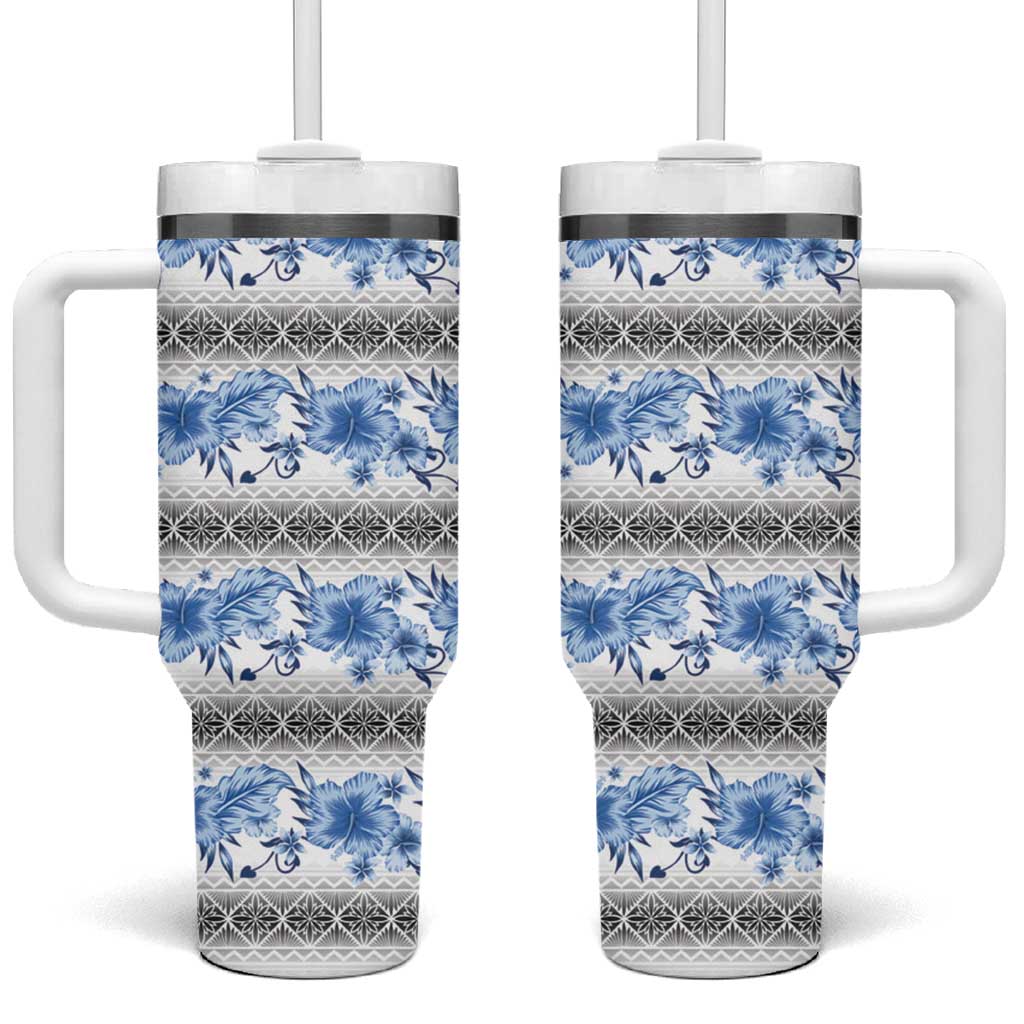 Samoa White Sunday Tumbler With Handle Samoan Tapa Blue Hibiscus - Polynesian Pride