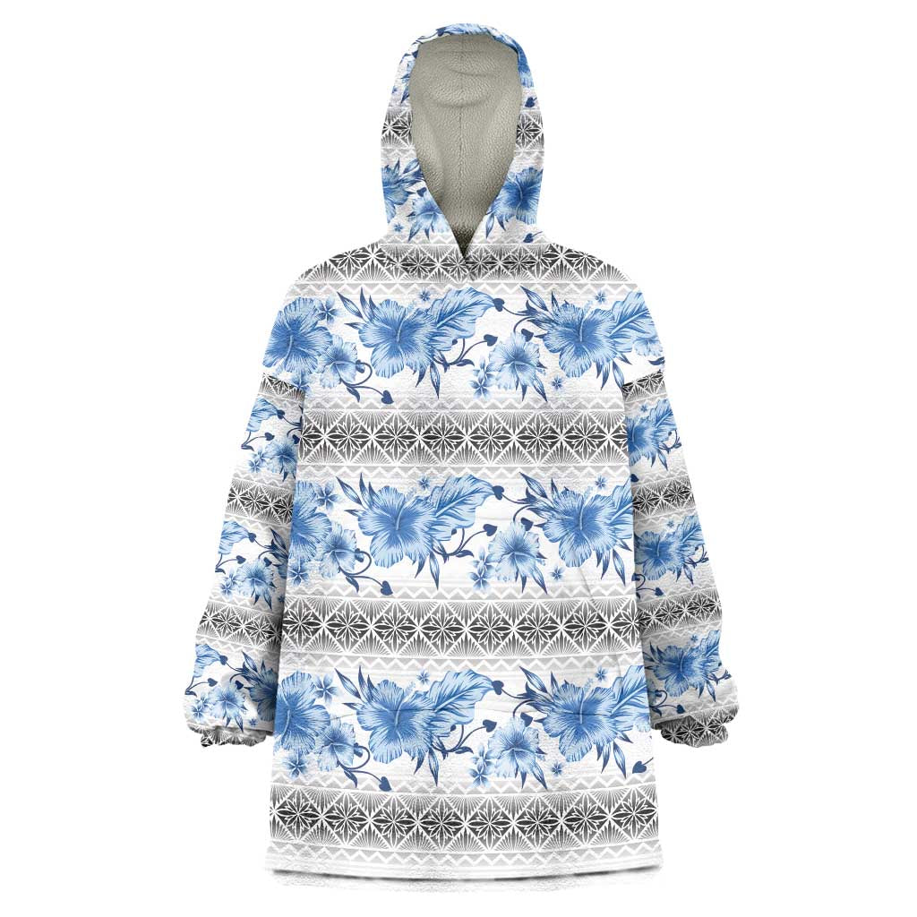 Samoa White Sunday Wearable Blanket Hoodie Samoan Tapa Blue Hibiscus LT05 One Size Blue - Polynesian Pride