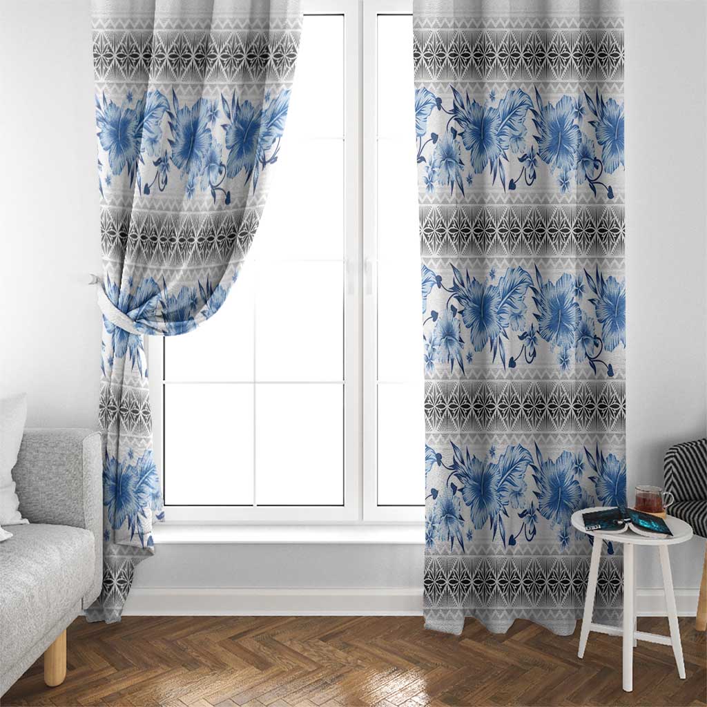 Samoa White Sunday Window Curtain Samoan Tapa Blue Hibiscus - Polynesian Pride
