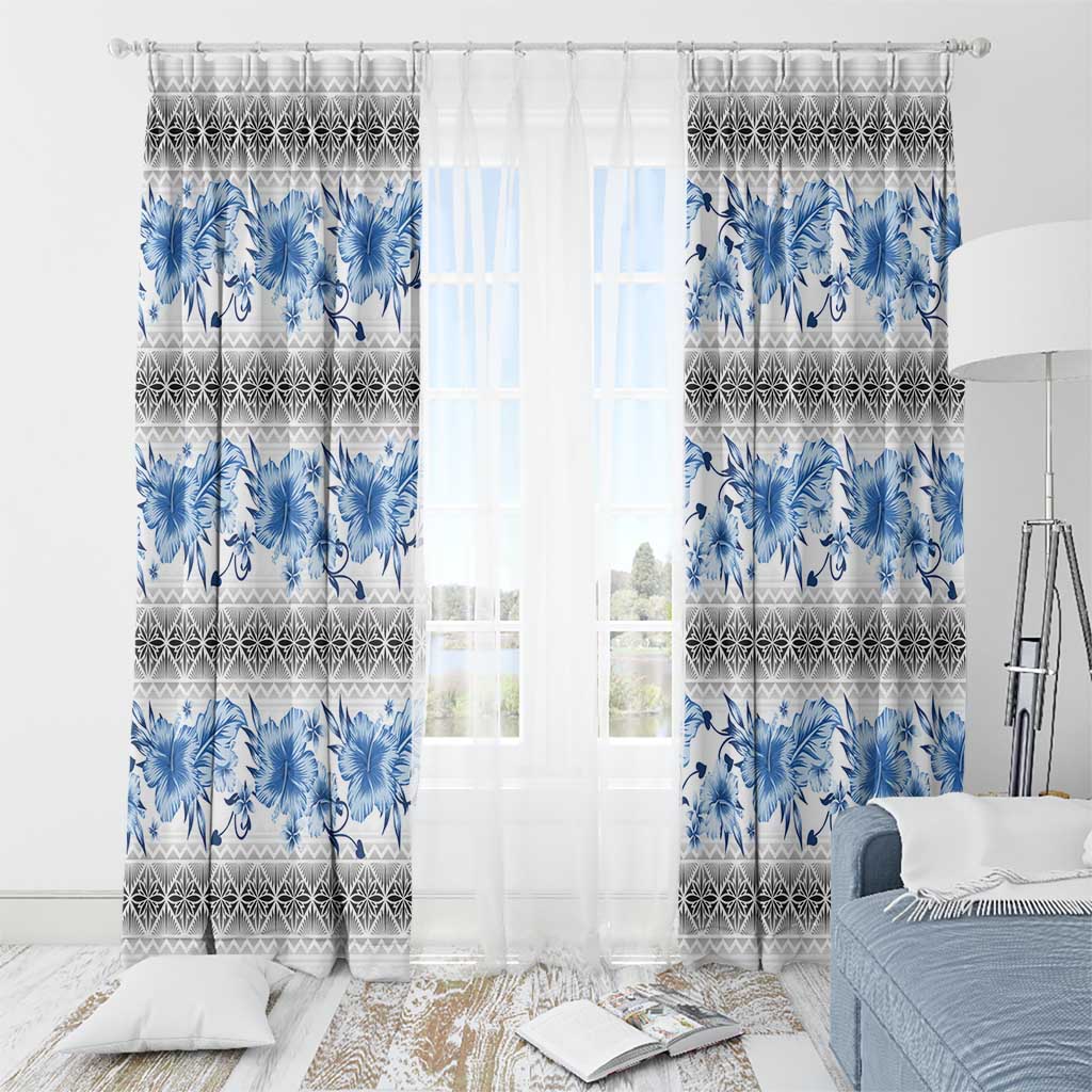 Samoa White Sunday Window Curtain Samoan Tapa Blue Hibiscus - Polynesian Pride