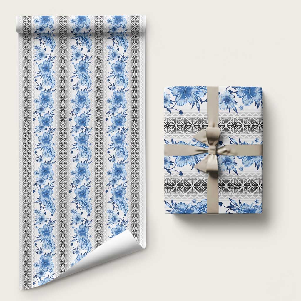 Samoa White Sunday Wrapping Paper Samoan Tapa Blue Hibiscus - Polynesian Pride