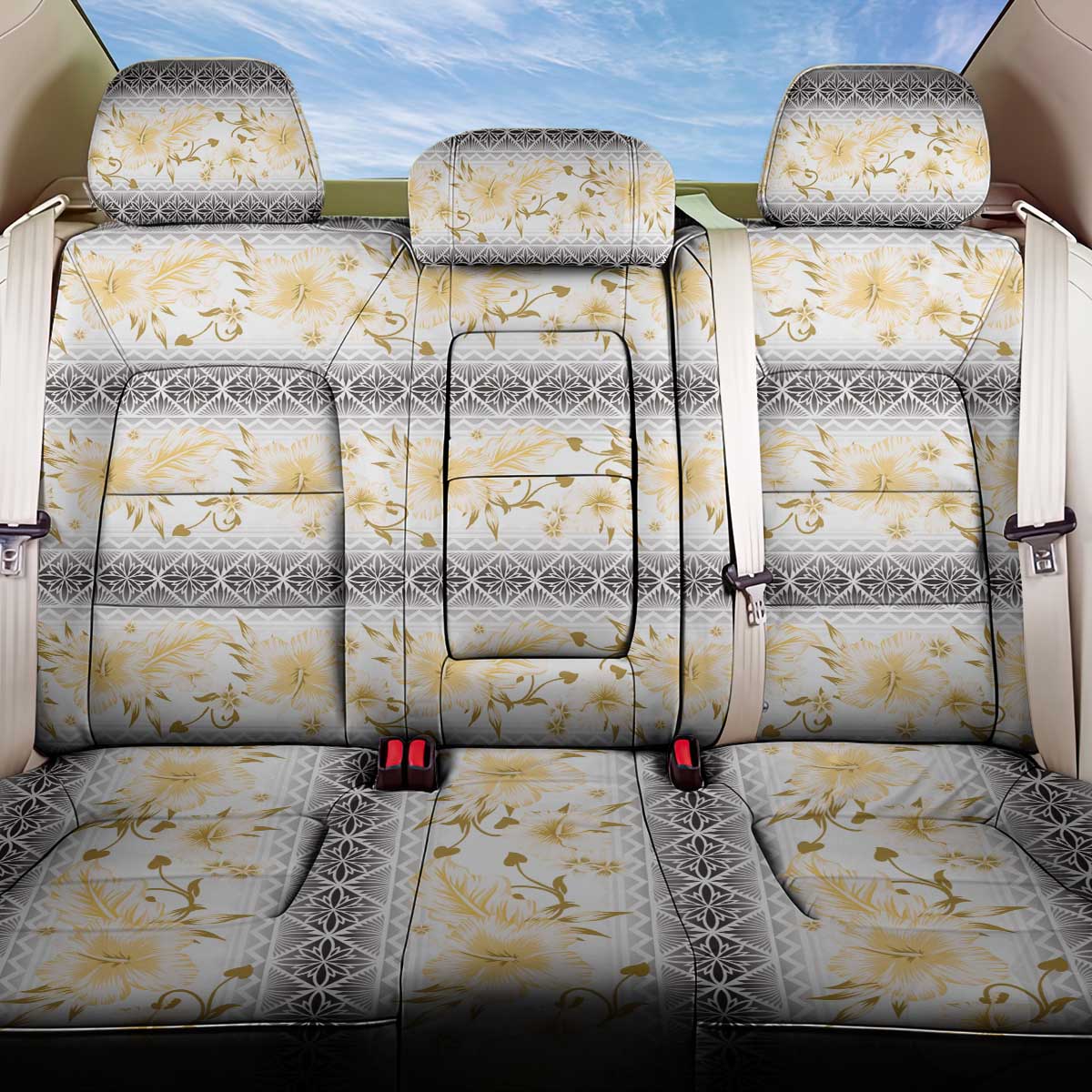 Samoa White Sunday Back Car Seat Cover Samoan Tapa Yellow Hibiscus - Polynesian Pride