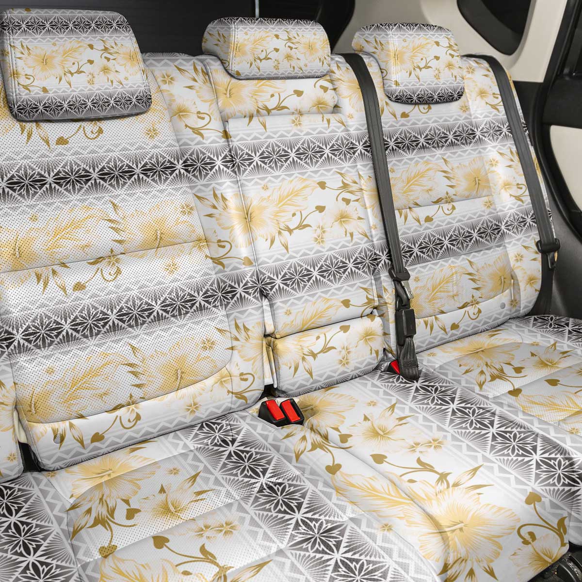 Samoa White Sunday Back Car Seat Cover Samoan Tapa Yellow Hibiscus - Polynesian Pride