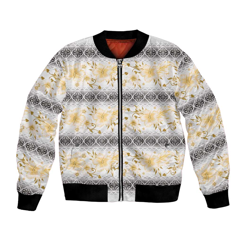 Samoa White Sunday Bomber Jacket Samoan Tapa Yellow Hibiscus LT05 Unisex Yellow - Polynesian Pride