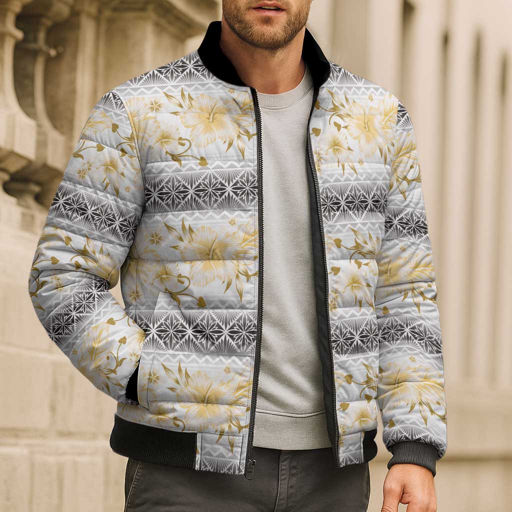 Samoa White Sunday Bomber Puffer Jacket Samoan Tapa Yellow Hibiscus - Polynesian Pride