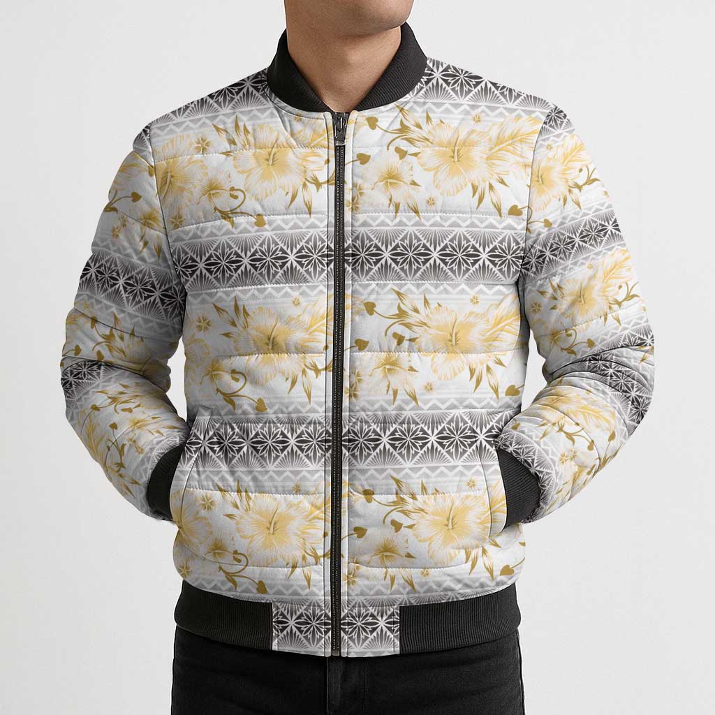 Samoa White Sunday Bomber Puffer Jacket Samoan Tapa Yellow Hibiscus - Polynesian Pride