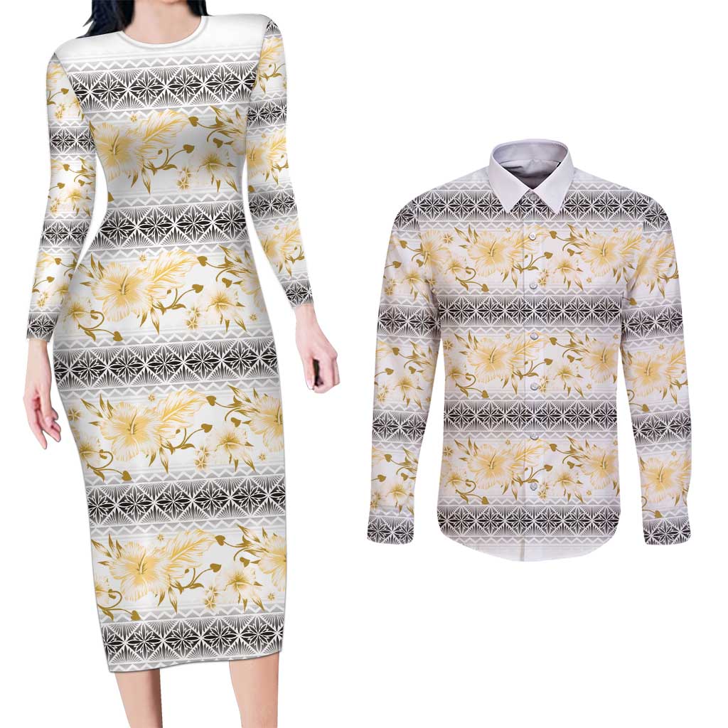 Samoa White Sunday Couples Matching Long Sleeve Bodycon Dress and Long Sleeve Button Shirt Samoan Tapa Yellow Hibiscus - Polynesian Pride