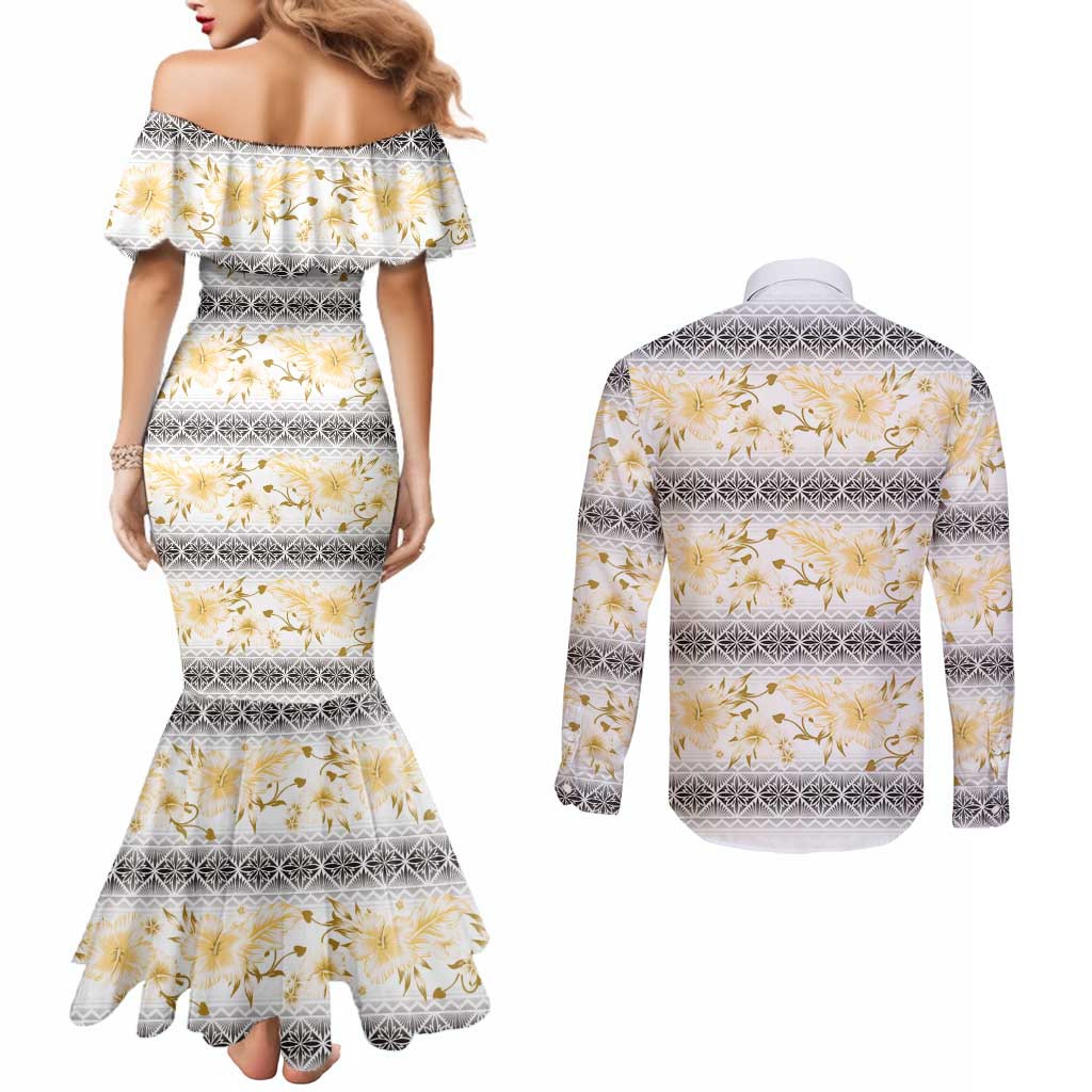 Samoa White Sunday Couples Matching Mermaid Dress and Long Sleeve Button Shirt Samoan Tapa Yellow Hibiscus - Polynesian Pride