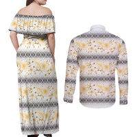 Samoa White Sunday Couples Matching Off Shoulder Maxi Dress and Long Sleeve Button Shirt Samoan Tapa Yellow Hibiscus - Polynesian Pride