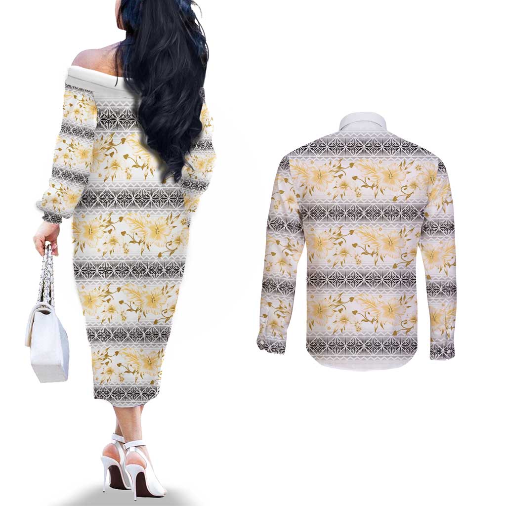 Samoa White Sunday Couples Matching Off The Shoulder Long Sleeve Dress and Long Sleeve Button Shirt Samoan Tapa Yellow Hibiscus - Polynesian Pride