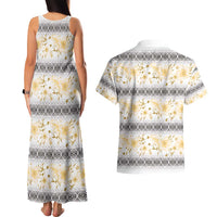 Samoa White Sunday Couples Matching Tank Maxi Dress and Hawaiian Shirt Samoan Tapa Yellow Hibiscus - Polynesian Pride