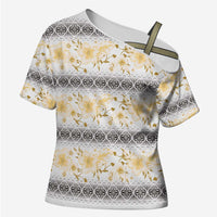 Samoa White Sunday Cross Shoulder Shirt Samoan Tapa Yellow Hibiscus - Polynesian Pride