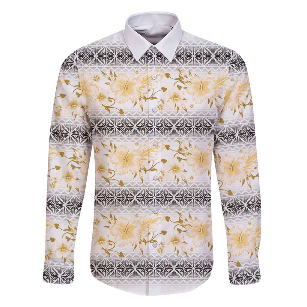 Samoa White Sunday Family Matching Long Sleeve Bodycon Dress and Hawaiian Shirt Samoan Tapa Yellow Hibiscus - Polynesian Pride