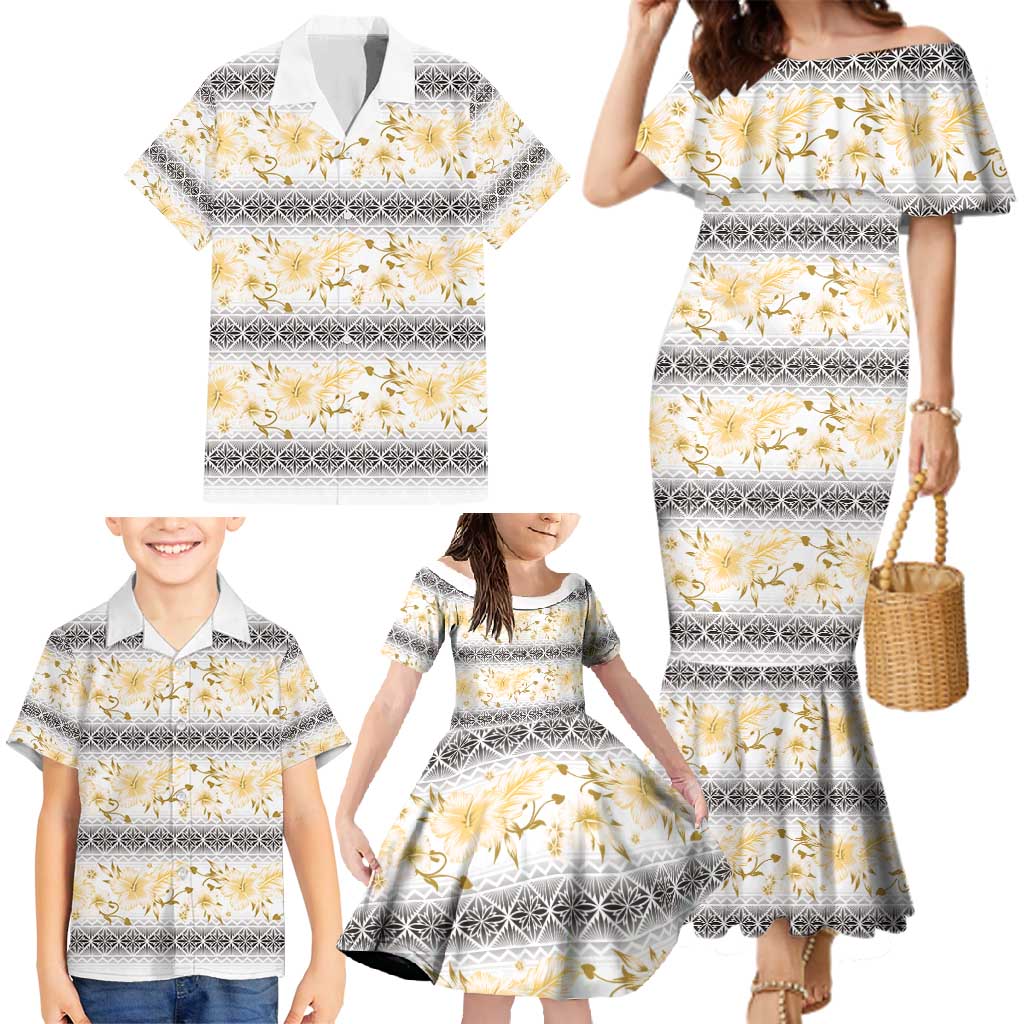 Samoa White Sunday Family Matching Mermaid Dress and Hawaiian Shirt Samoan Tapa Yellow Hibiscus - Polynesian Pride