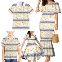 Samoa White Sunday Family Matching Mermaid Dress and Hawaiian Shirt Samoan Tapa Yellow Hibiscus - Polynesian Pride