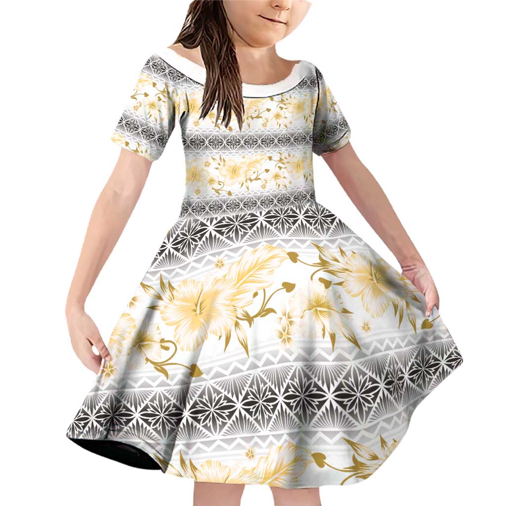 Samoa White Sunday Family Matching Off Shoulder Short Dress and Hawaiian Shirt Samoan Tapa Yellow Hibiscus - Polynesian Pride