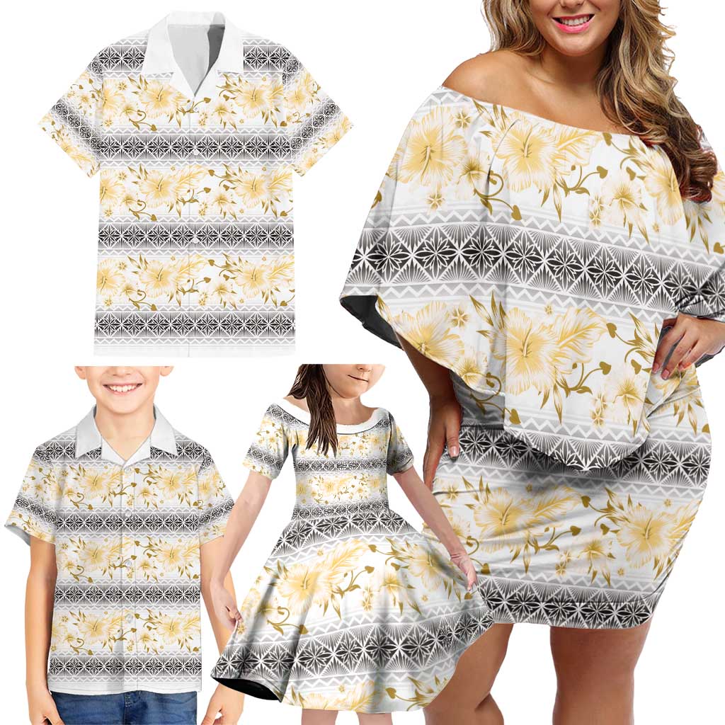 Samoa White Sunday Family Matching Off Shoulder Short Dress and Hawaiian Shirt Samoan Tapa Yellow Hibiscus - Polynesian Pride