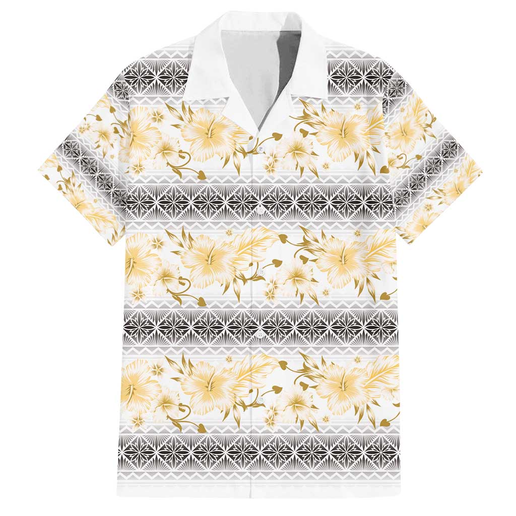 Samoa White Sunday Family Matching Off Shoulder Short Dress and Hawaiian Shirt Samoan Tapa Yellow Hibiscus - Polynesian Pride