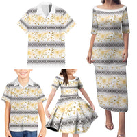 Samoa White Sunday Family Matching Puletasi and Hawaiian Shirt Samoan Tapa Yellow Hibiscus - Polynesian Pride
