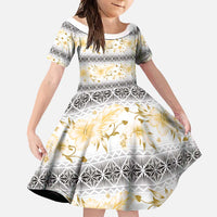 Samoa White Sunday Family Matching Short Sleeve Bodycon Dress and Hawaiian Shirt Samoan Tapa Yellow Hibiscus - Polynesian Pride