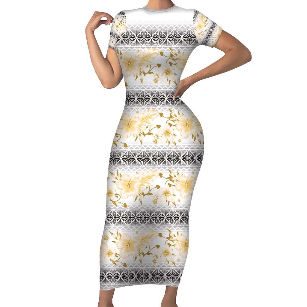 Samoa White Sunday Family Matching Short Sleeve Bodycon Dress and Hawaiian Shirt Samoan Tapa Yellow Hibiscus - Polynesian Pride