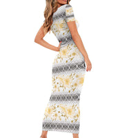 Samoa White Sunday Family Matching Short Sleeve Bodycon Dress and Hawaiian Shirt Samoan Tapa Yellow Hibiscus - Polynesian Pride
