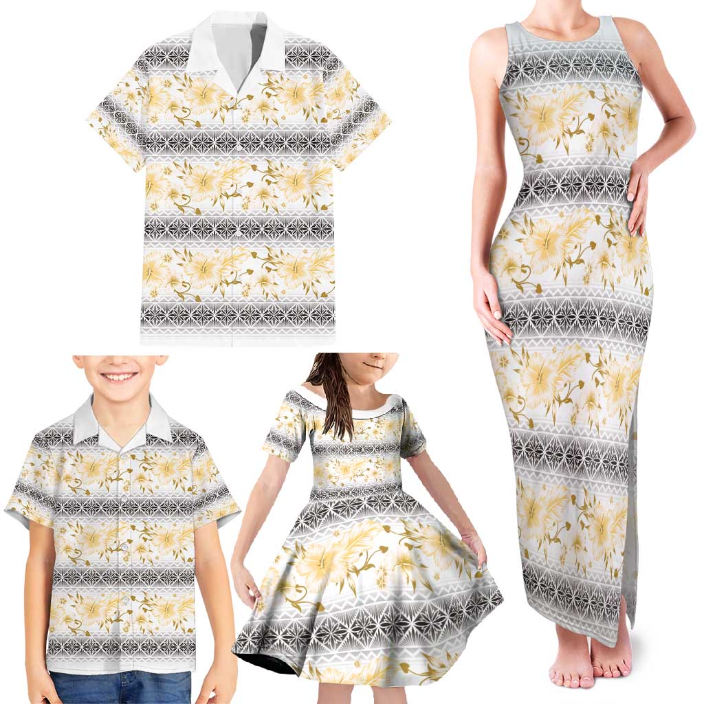 Samoa White Sunday Family Matching Tank Maxi Dress and Hawaiian Shirt Samoan Tapa Yellow Hibiscus - Polynesian Pride