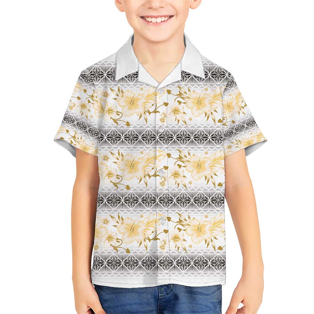 Samoa White Sunday Kid Hawaiian Shirt Samoan Tapa Yellow Hibiscus - Polynesian Pride