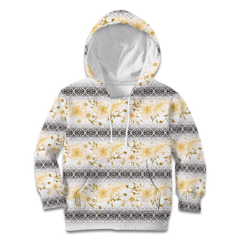 Samoa White Sunday Kid Hoodie Samoan Tapa Yellow Hibiscus - Polynesian Pride