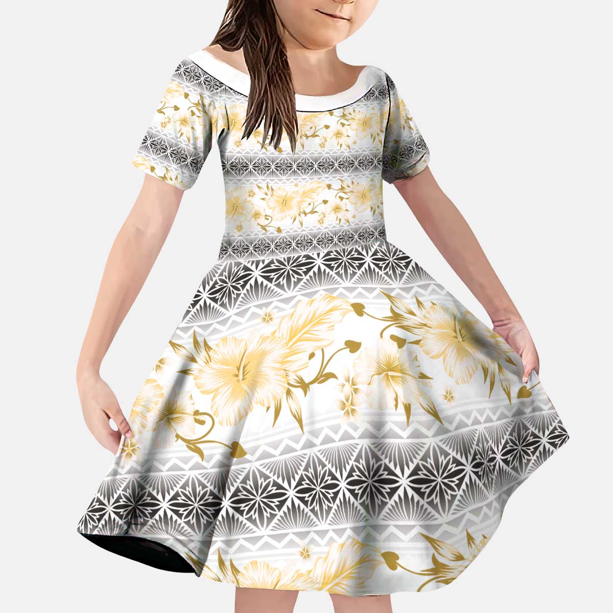 Samoa White Sunday Kid Short Sleeve Dress Samoan Tapa Yellow Hibiscus - Polynesian Pride