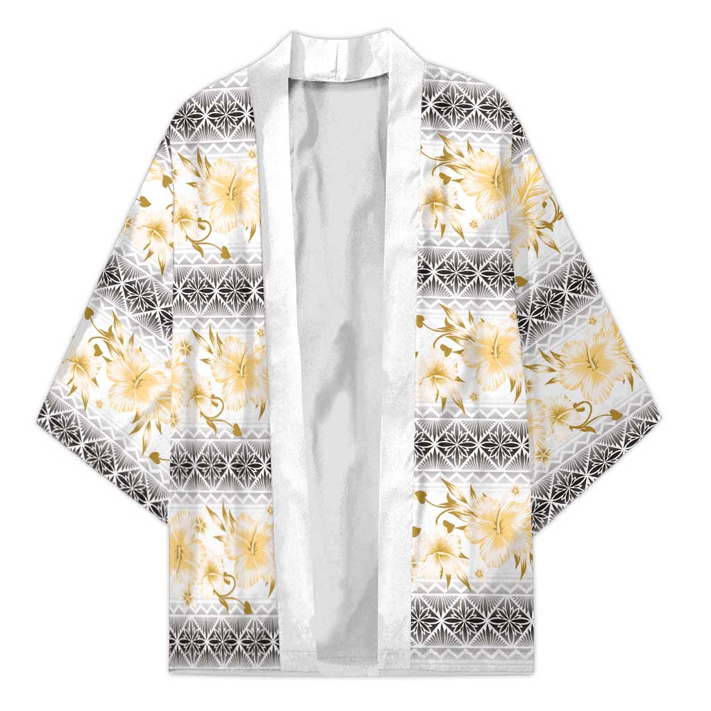 Samoa White Sunday Kimono Samoan Tapa Yellow Hibiscus - Polynesian Pride