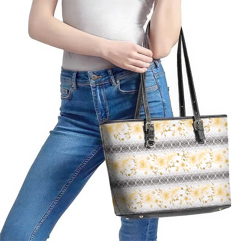 Samoa White Sunday Leather Tote Bag Samoan Tapa Yellow Hibiscus - Polynesian Pride