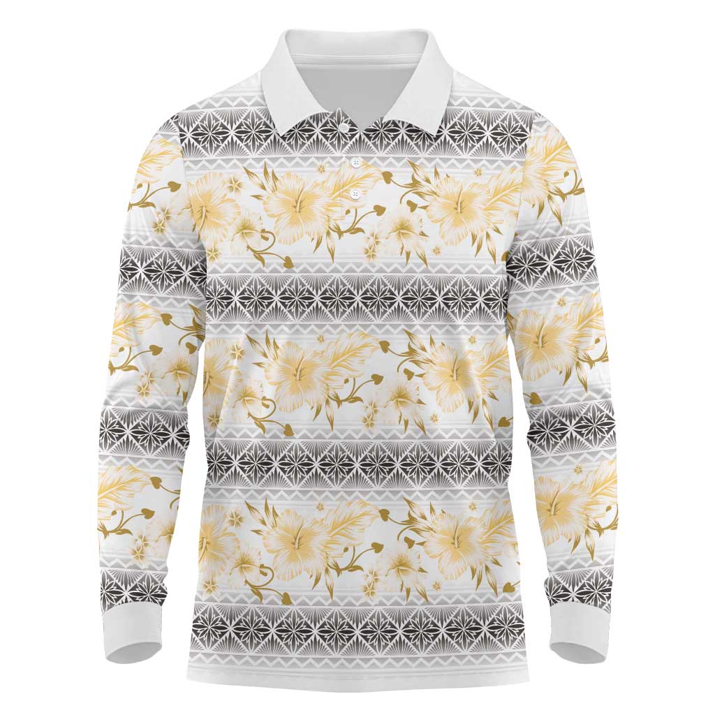 Samoa White Sunday Long Sleeve Polo Shirt Samoan Tapa Yellow Hibiscus - Polynesian Pride