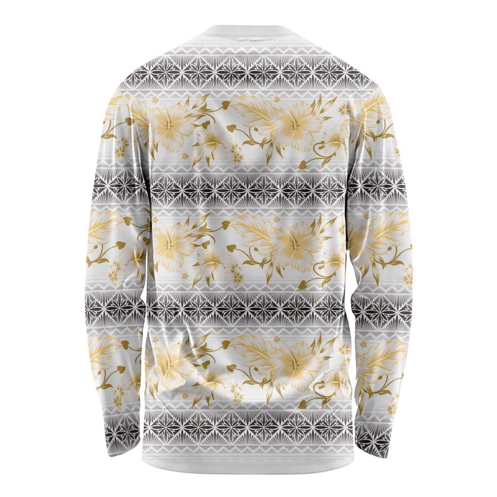 Samoa White Sunday Long Sleeve Shirt Samoan Tapa Yellow Hibiscus - Polynesian Pride