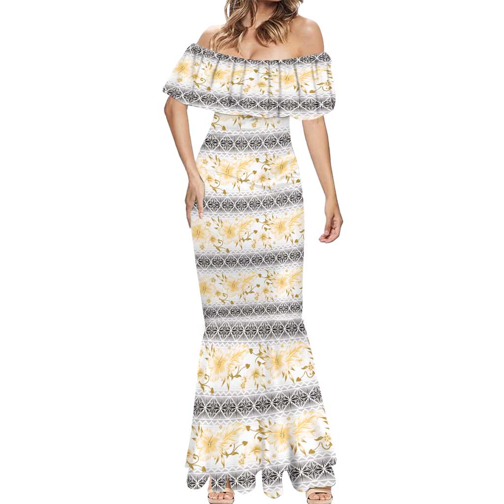 Samoa White Sunday Mermaid Dress Samoan Tapa Yellow Hibiscus - Polynesian Pride