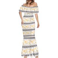 Samoa White Sunday Mermaid Dress Samoan Tapa Yellow Hibiscus - Polynesian Pride