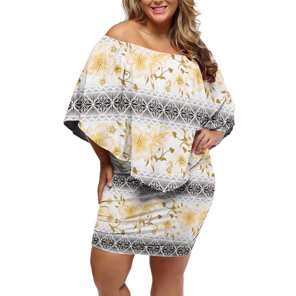 Samoa White Sunday Off Shoulder Short Dress Samoan Tapa Yellow Hibiscus - Polynesian Pride