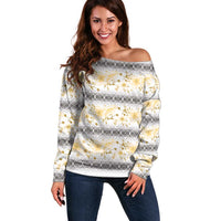 Samoa White Sunday Off Shoulder Sweater Samoan Tapa Yellow Hibiscus - Polynesian Pride