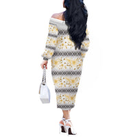 Samoa White Sunday Off The Shoulder Long Sleeve Dress Samoan Tapa Yellow Hibiscus - Polynesian Pride