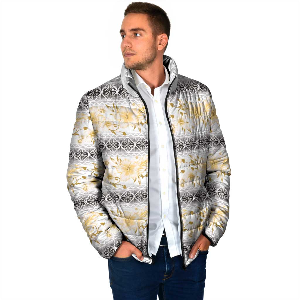 Samoa White Sunday Padded Jacket Samoan Tapa Yellow Hibiscus - Polynesian Pride