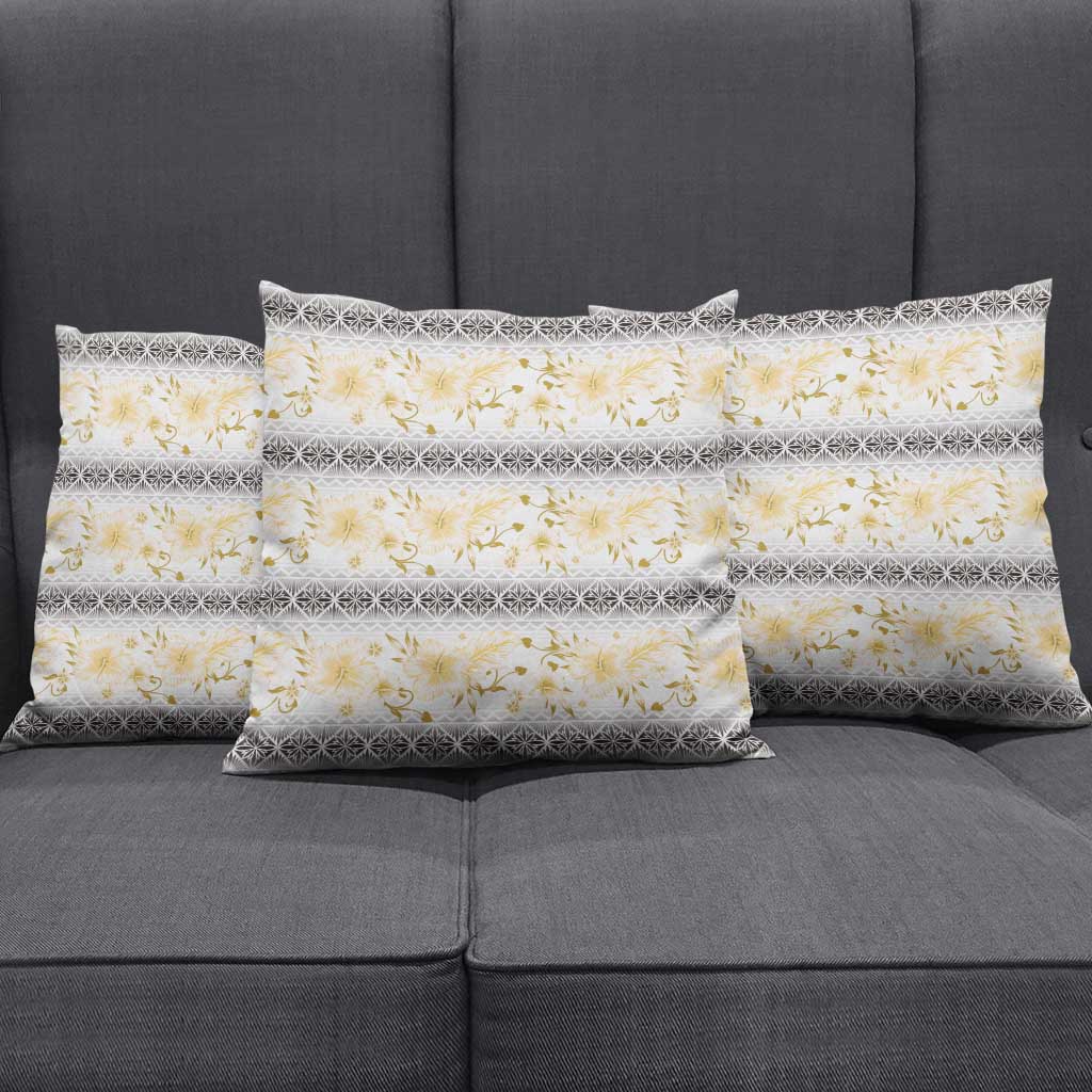 Samoa White Sunday Pillow Cover Samoan Tapa Yellow Hibiscus - Polynesian Pride