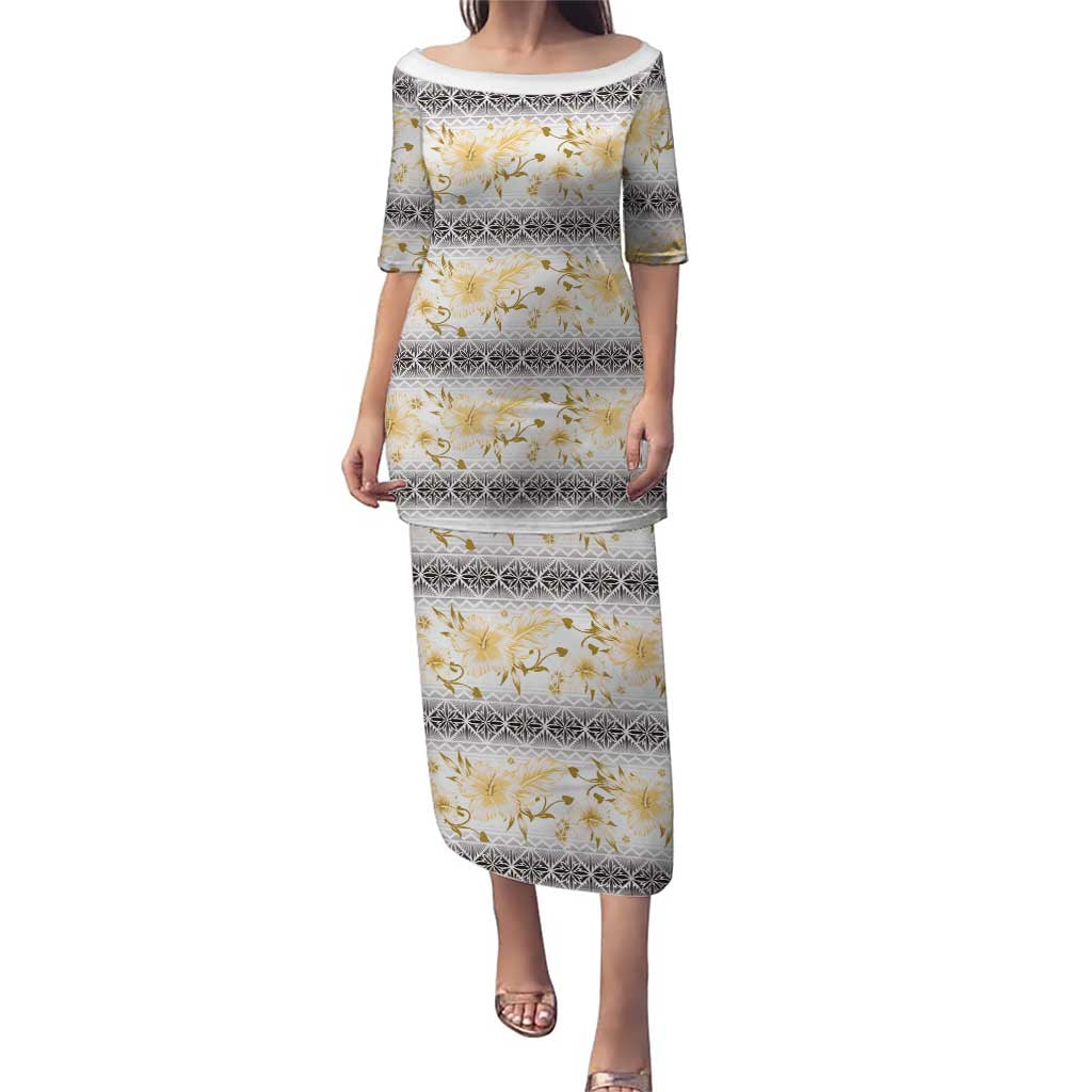 Samoa White Sunday Puletasi Samoan Tapa Yellow Hibiscus - Polynesian Pride