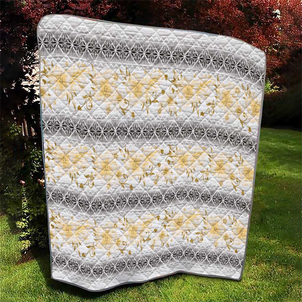 Samoa White Sunday Quilt Samoan Tapa Yellow Hibiscus - Polynesian Pride