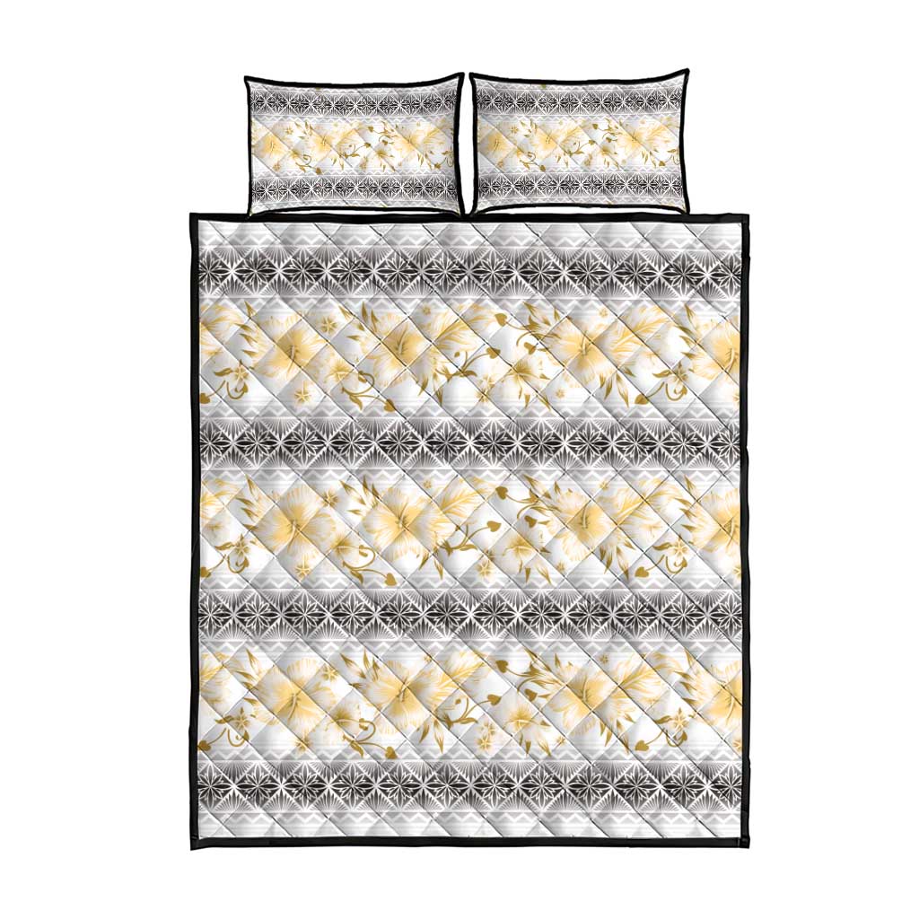 Samoa White Sunday Quilt Bed Set Samoan Tapa Yellow Hibiscus - Polynesian Pride