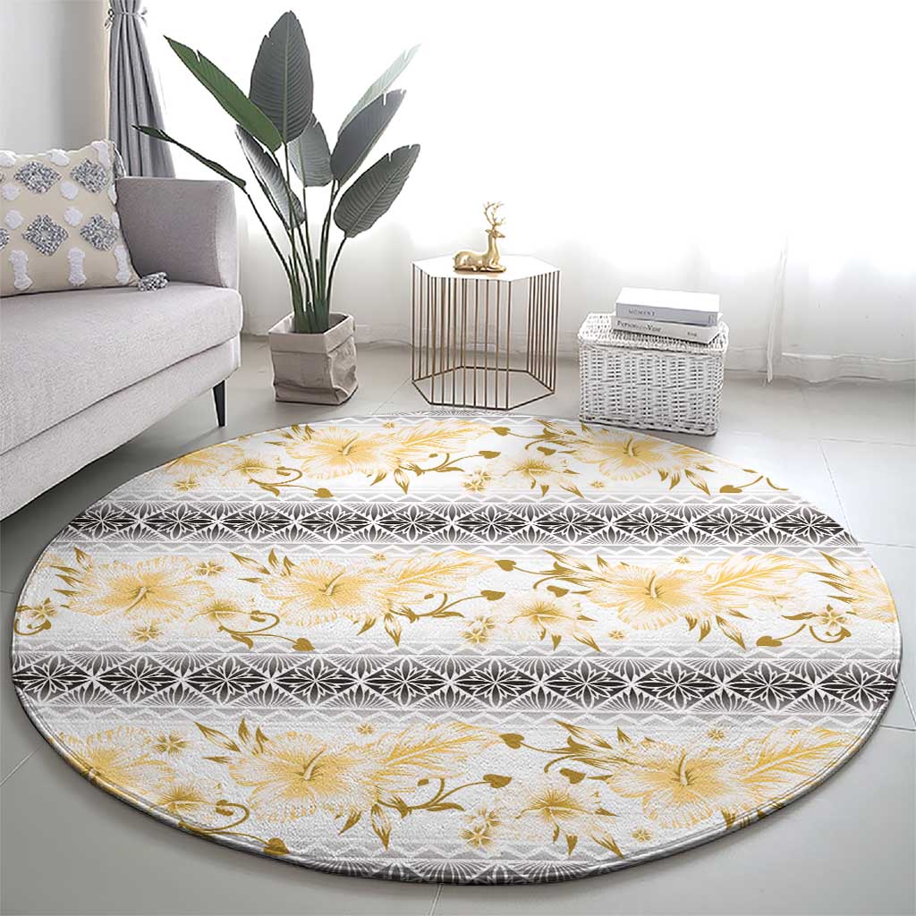 Samoa White Sunday Round Carpet Samoan Tapa Yellow Hibiscus - Polynesian Pride