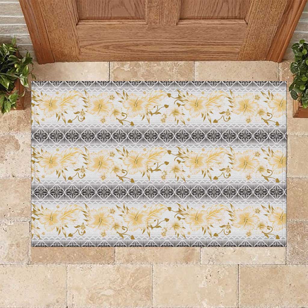 Samoa White Sunday Rubber Doormat Samoan Tapa Yellow Hibiscus - Polynesian Pride